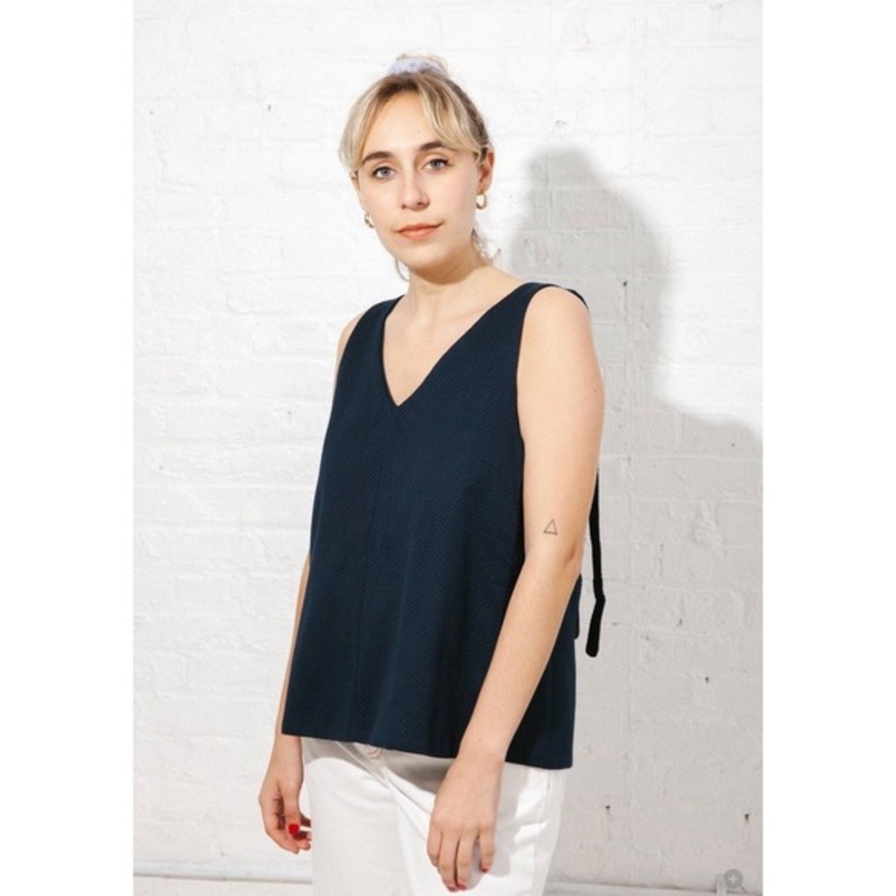 Kowtow Knotted Tie Top and Edition Pants in Navy Blue Basketweave Matching Set